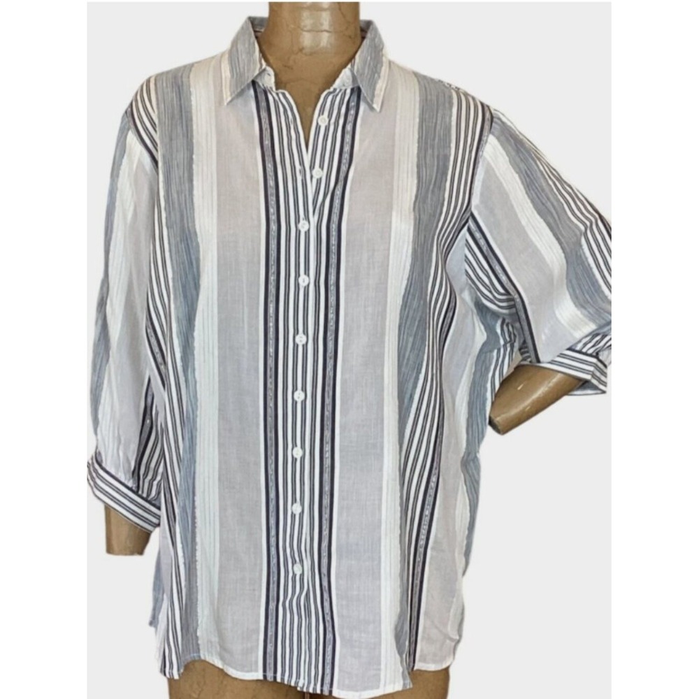 Peter Nygard Balloon Sleeve Button-Up Metallic Stripe Top L Gray Silver 295i
